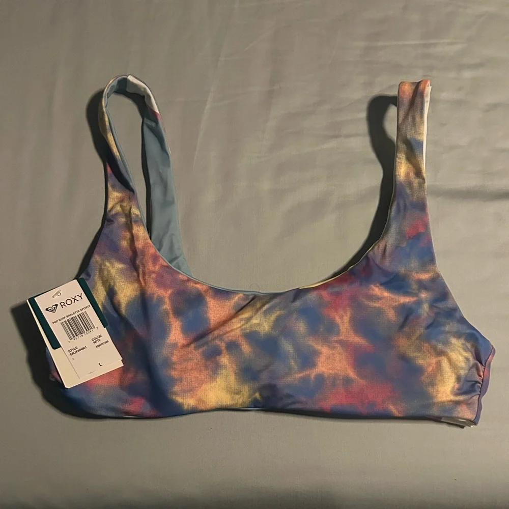 NWT Roxy Pop Surf Bralette Sporty- Reversible Bikini Top Tie Dye and Blue - Picture 8 of 10